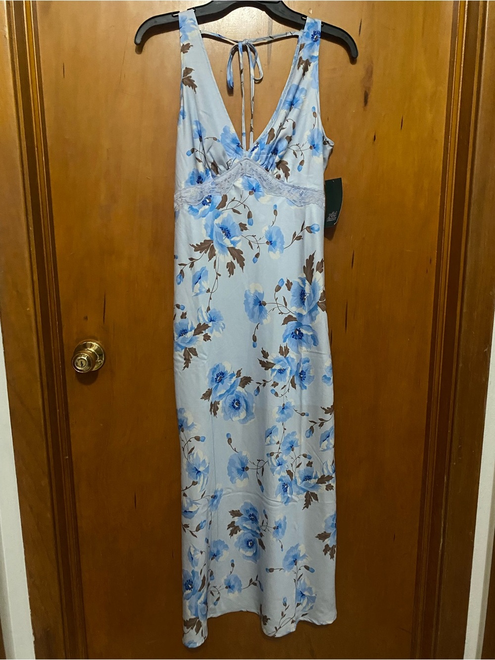 NWT- Satin Light Blue Floral Maxi Dress with Blue & Brown Bloom Print - Picture 2 of 7